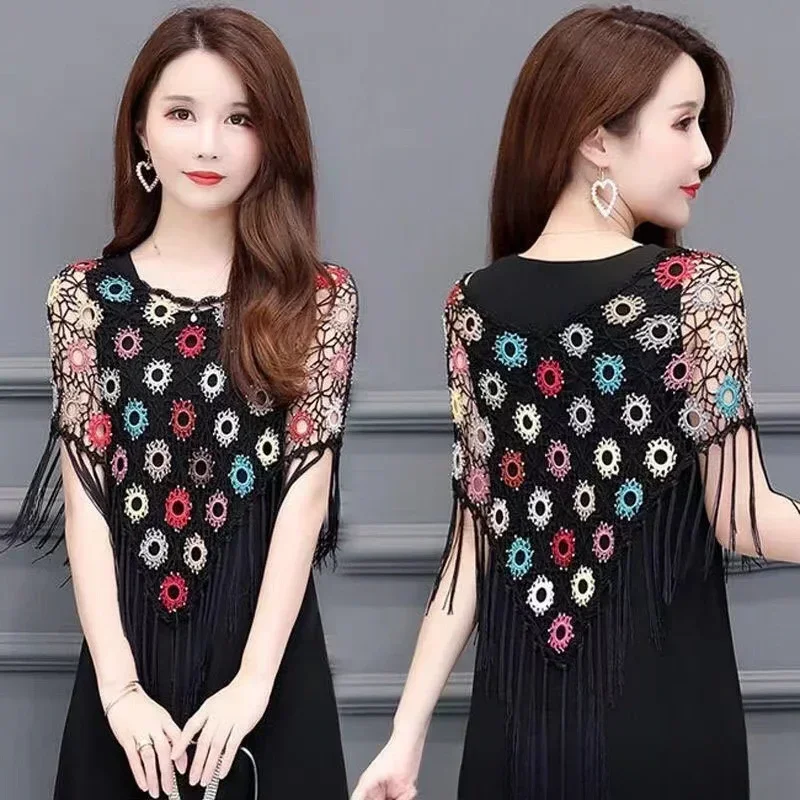 Fashion Trend Shawl Women's Hollow Summer Skirt with Dress Cape Top Loose Handmade Crochet Knitted Blouse Waistcoat