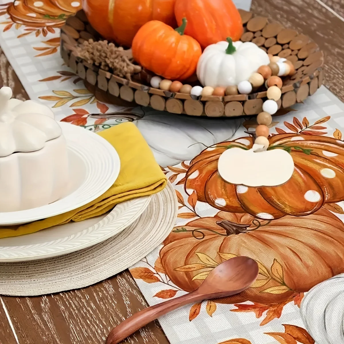 Table Runner - Pumpkin and Fall Leaves Design - Indoor & Outdoor