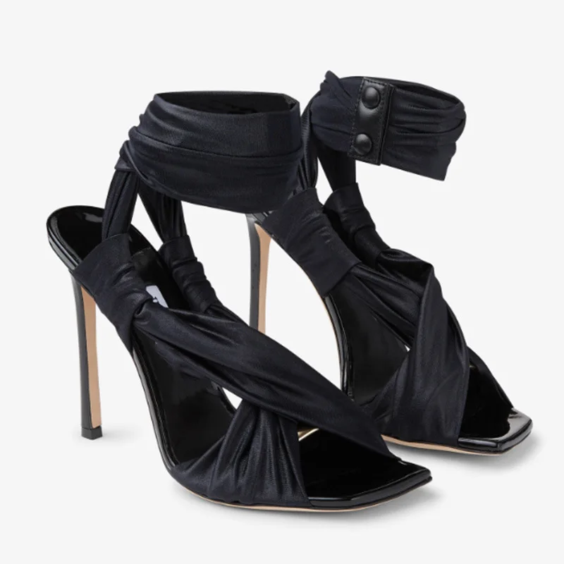 2023 New Square Head Fish Mouth Thin Heel Ultra High Heel Cross Strap European and American Walk Show Large Sandals for Women