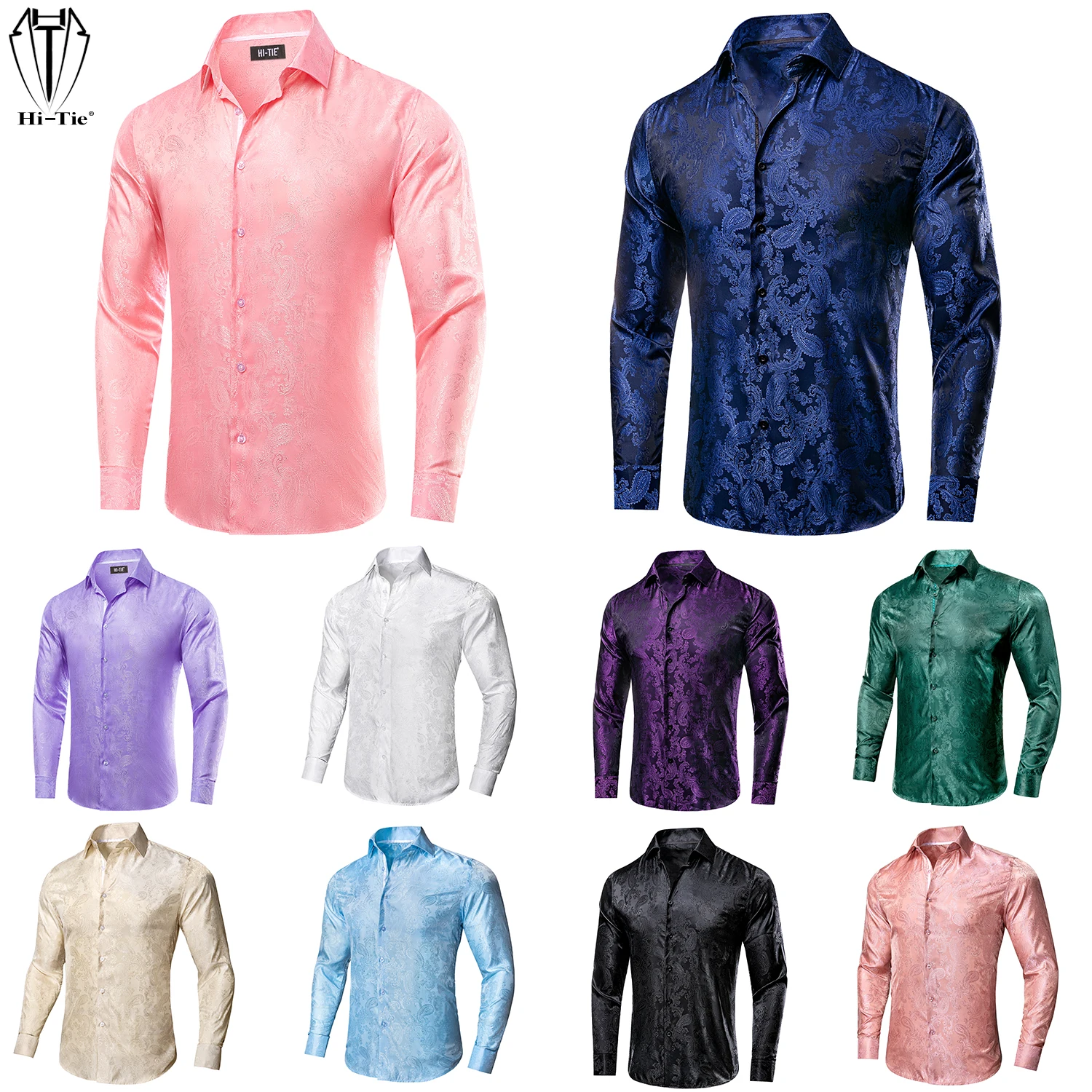 Hi-Tie Elegent Jacquard Paisley Silk Mens Shirts Long Sleeve Dress Shirt Blouse for Male Wedding Business Events Oversized Gift