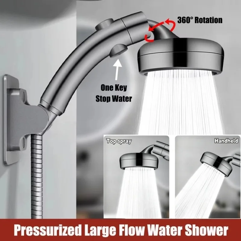 Enhanced Arc Showerhead with Dual Functionality and 360° Swivel, Featuring Top Spray and Handheld Options with One-Click Stop and Soft Water Flow
