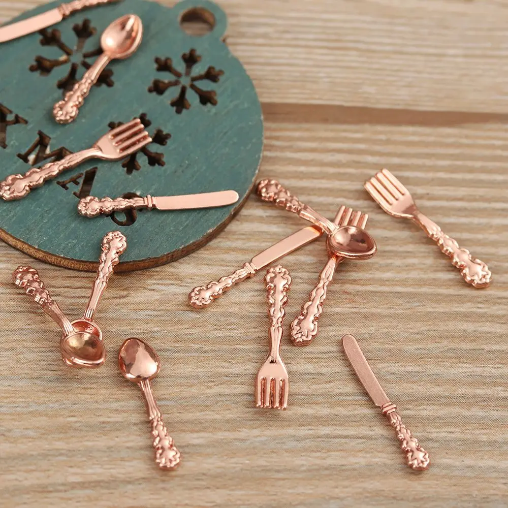 Kitchen Toys Pretend Kitchen Toys Doll House Toys Dollhouse Furniture Set 12PCS Miniature Metal Cookware Fork Knife Spoon Toys Dollhouse Furniture Gold Silver 1:12 Scale Simulation Mini Cutlery