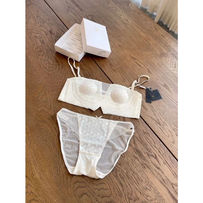 la summer 2023 new ultra-thin lace bandeau set crystal cup underwear set V mesh bandeau woman