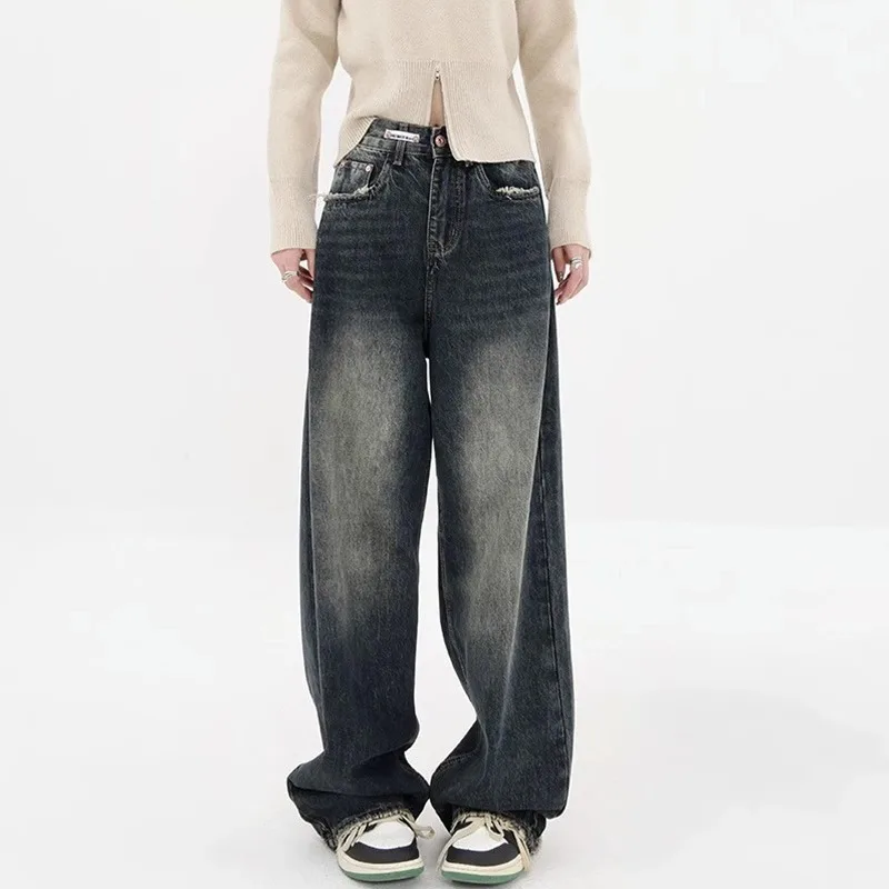 Streetwear Retro Fashion Autumn Women High Waist Jeans Loose Wide Leg Straight Loose Denim Trousers Y2K Baggy Pants