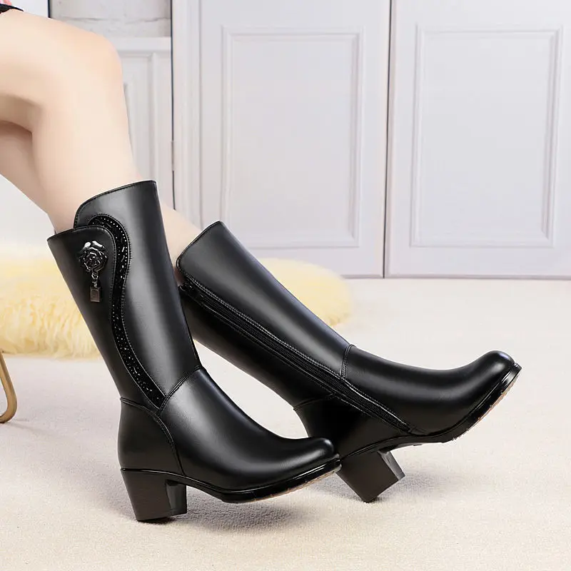 2025Winter Women's Boots Plush Warm Snow Boots Fashion Mid-calf High Heel Boots for Women High-quality Leather Boot Botas Mujer