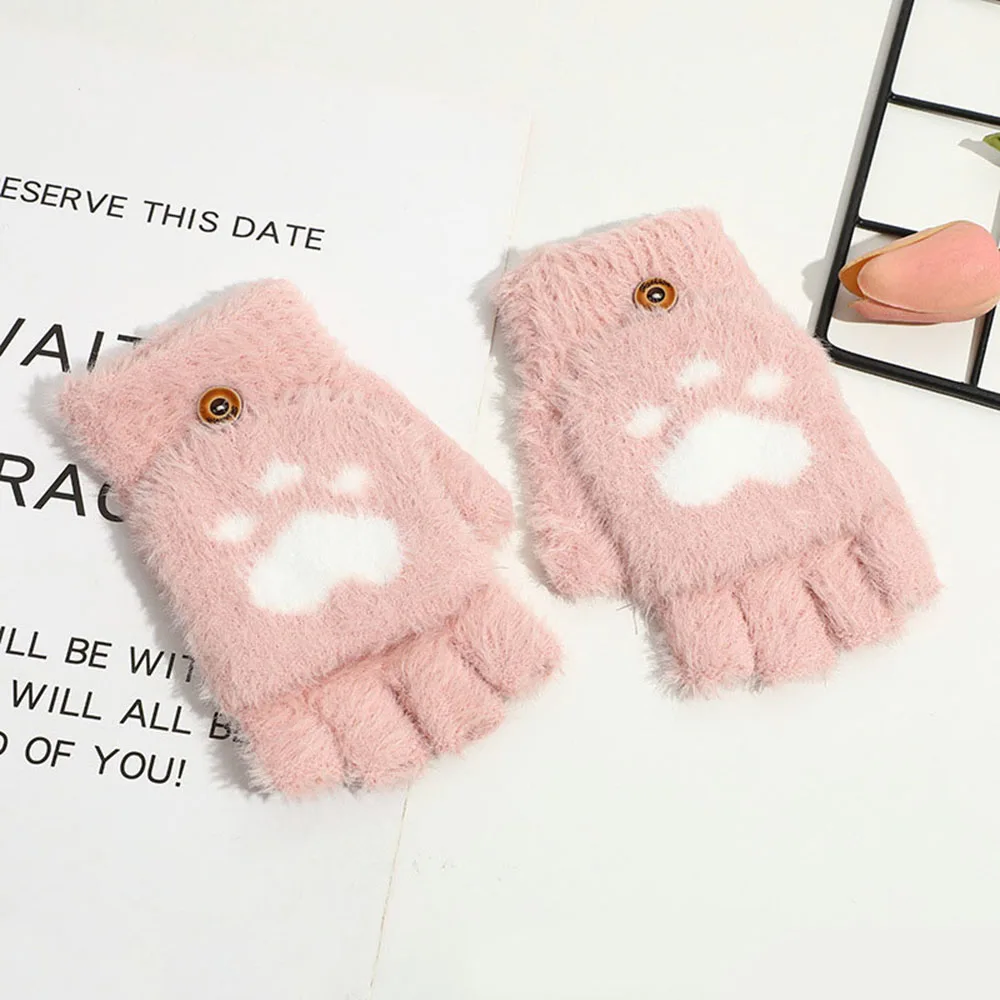 

Cartoon Plush Cat Claw Half Finger Gloves For Women Rabbit Fur Knitted Flip Fingerless Gloves Winter Warm Exposed Finger Mittens