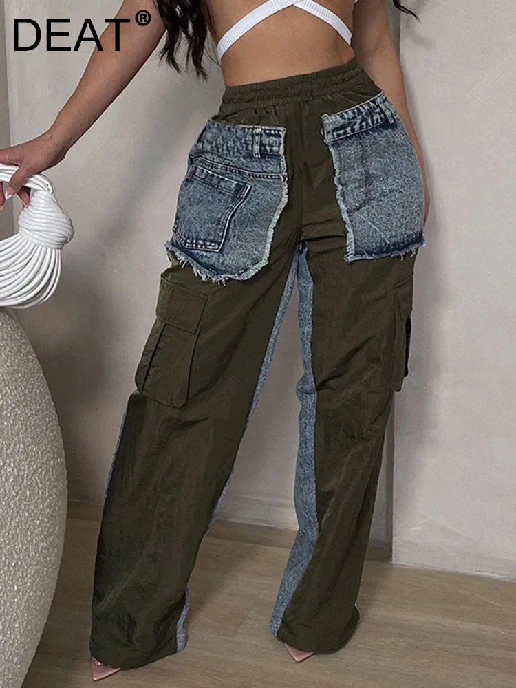 

DEAT Fashion Women's Jeans Elastic High Waist Denim Pockets Spliced Contrast Color Wide Leg Pants Summer 2024 New Tide 7AB4206