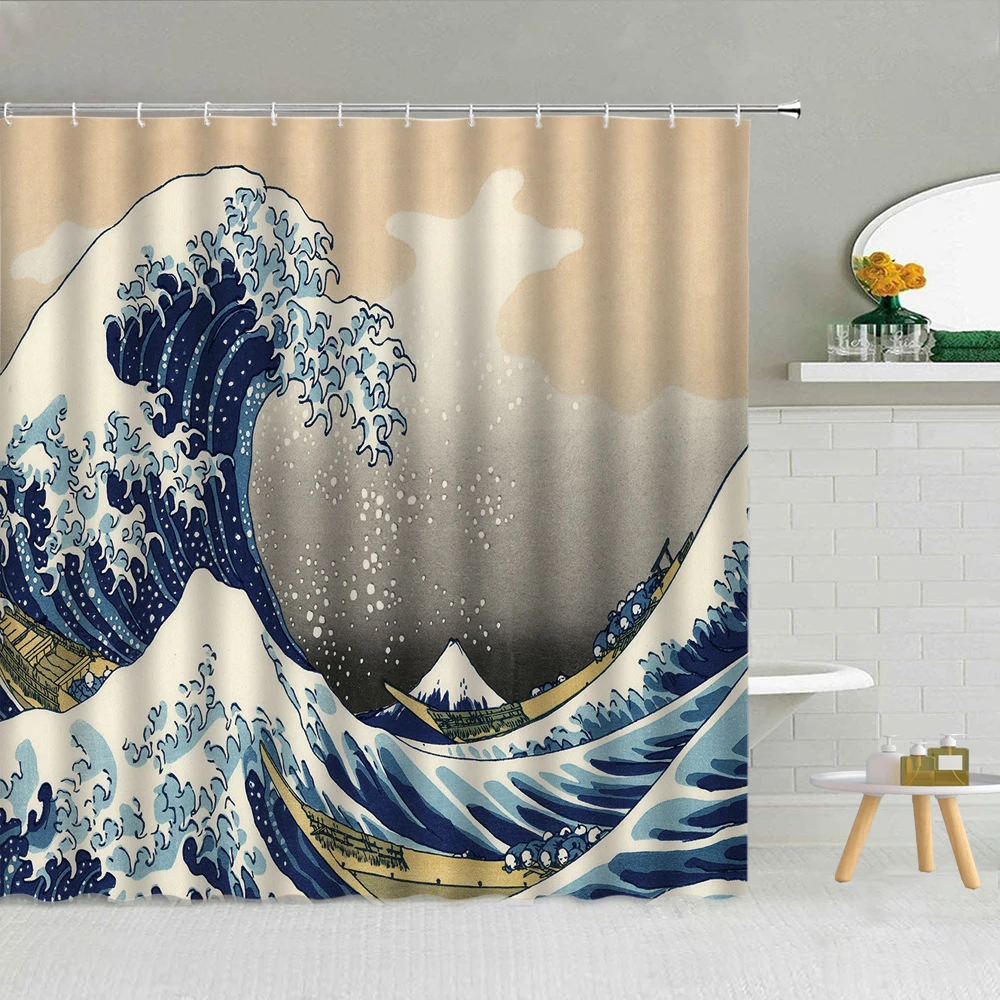 Big Waves Shower Curtain Wooden Boat Sea Wave Retro Backdrop Bathroom Decor Waterproof Screen Hanging Curtains With Hooks