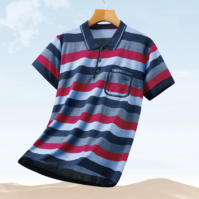

2023 Spring/summer Men's Striped Polo Shirt Men's Casual Breathable Street Wear with Pocket Short Sleeve High-End Business Wear