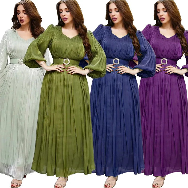 MQ047 Middle Eastern Women's Modest Fashion Muslim Glitter Satin Dress with Metal Belt Dubai Robe  Muslim Dresses