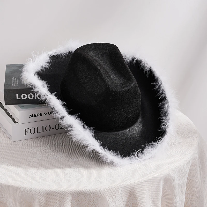Women's Cowboy Hats Adult Solid Color Furry Trim Wide Brim Hat for Dating Party Outdoor Camping Christmas Decorations