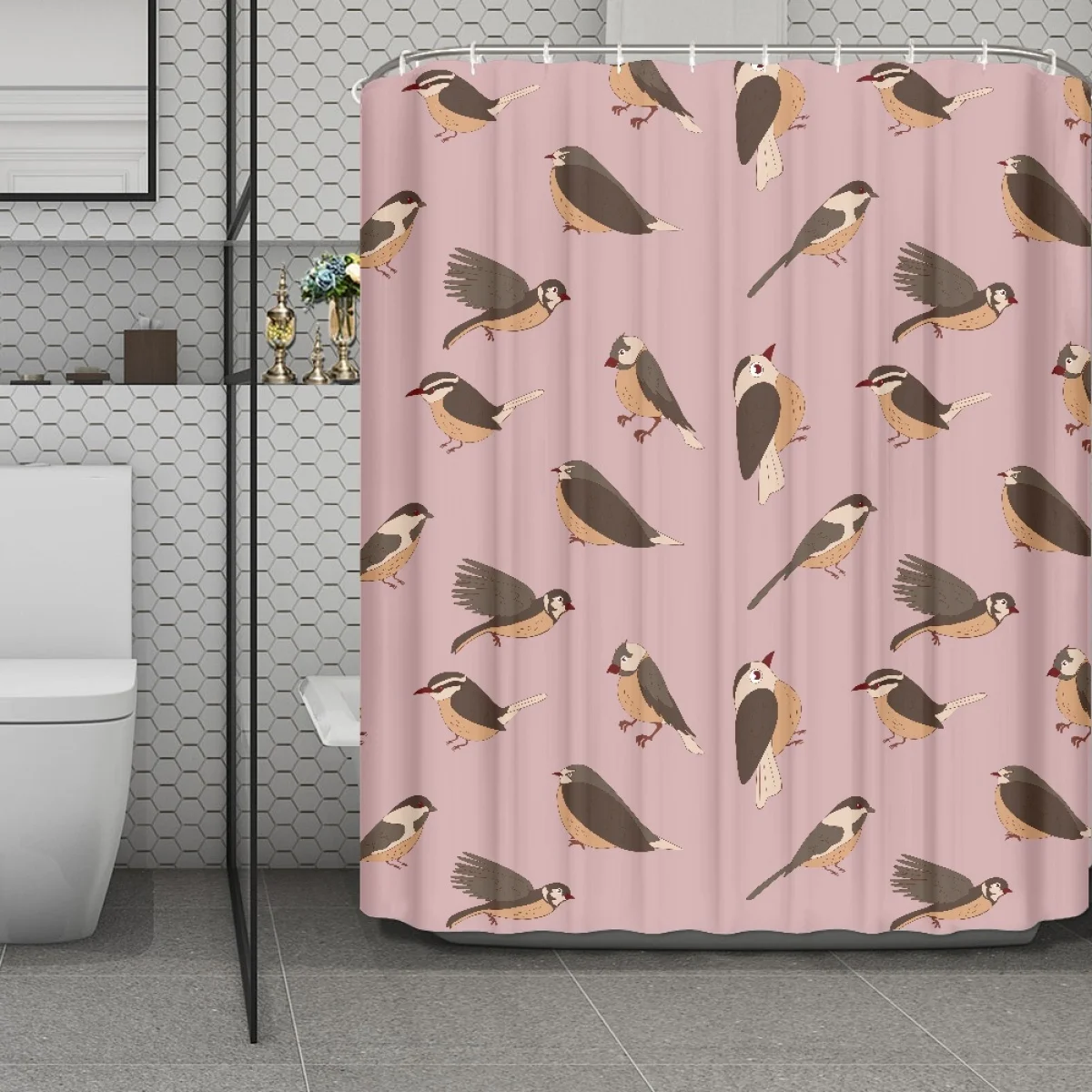 

Pink Shower Curtain Custom Polyester Shower Curtain Cartoon Cute Birds Bath Curtain Bathroom Accessories Luxury Bathroom