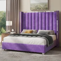 Queen Bed Frame with 58" Tall Headboard, Velvet Upholstered Platform Bed with Channel Tufted Wingback Headboard and Plating Trim 1