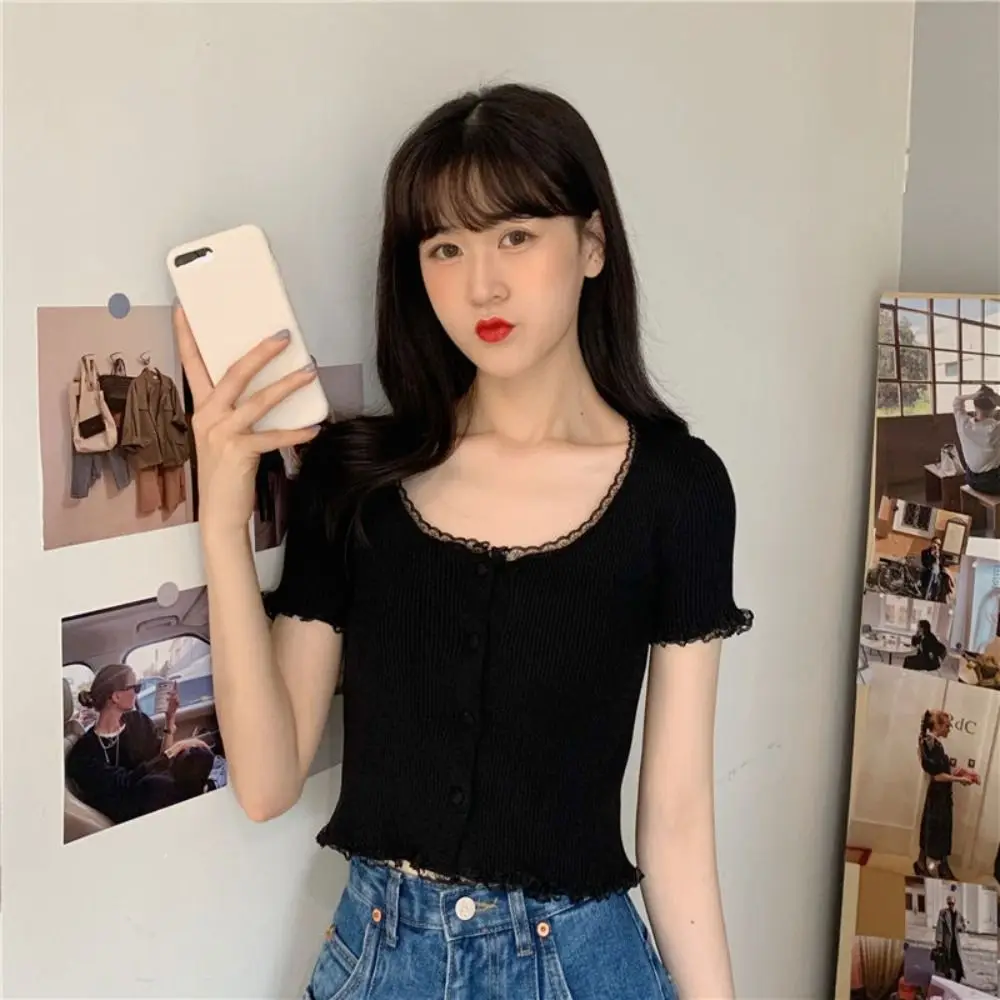 Polyester Lace T-shirt Crop Top for Women