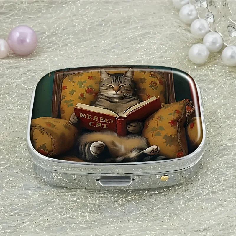 Cute Cat Pattern Metal Medicine Box with 2 Compartments, Portable Medicine Finishing Box, Suitable for Wallet and Travel