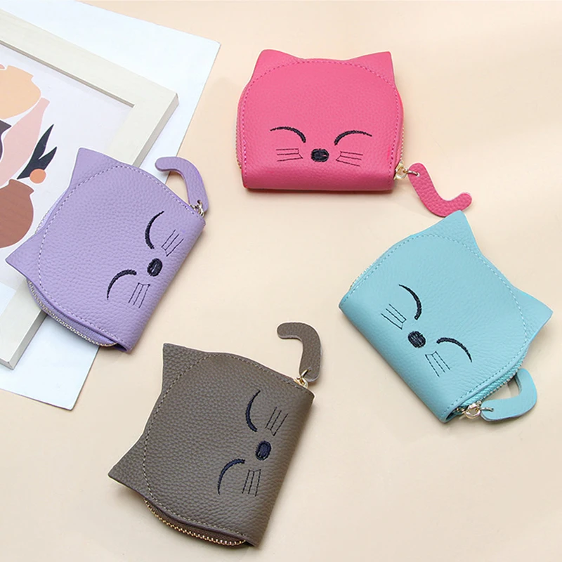 

Genuine Leather Credit Card Holder Fashion Cute Cat Accordion Small Card Case Wallet Zipper Coin Purse for Women Card Bag 2024