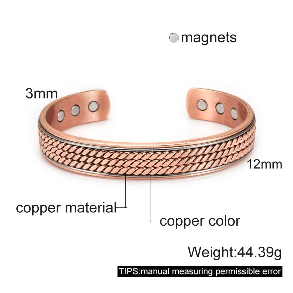 Vinterly Twisted Pure Copper Bracelets Men 12mm Health Energy Magnetic Bangles Benefits Adjustable Open Cuff Jewelry Resizable 6