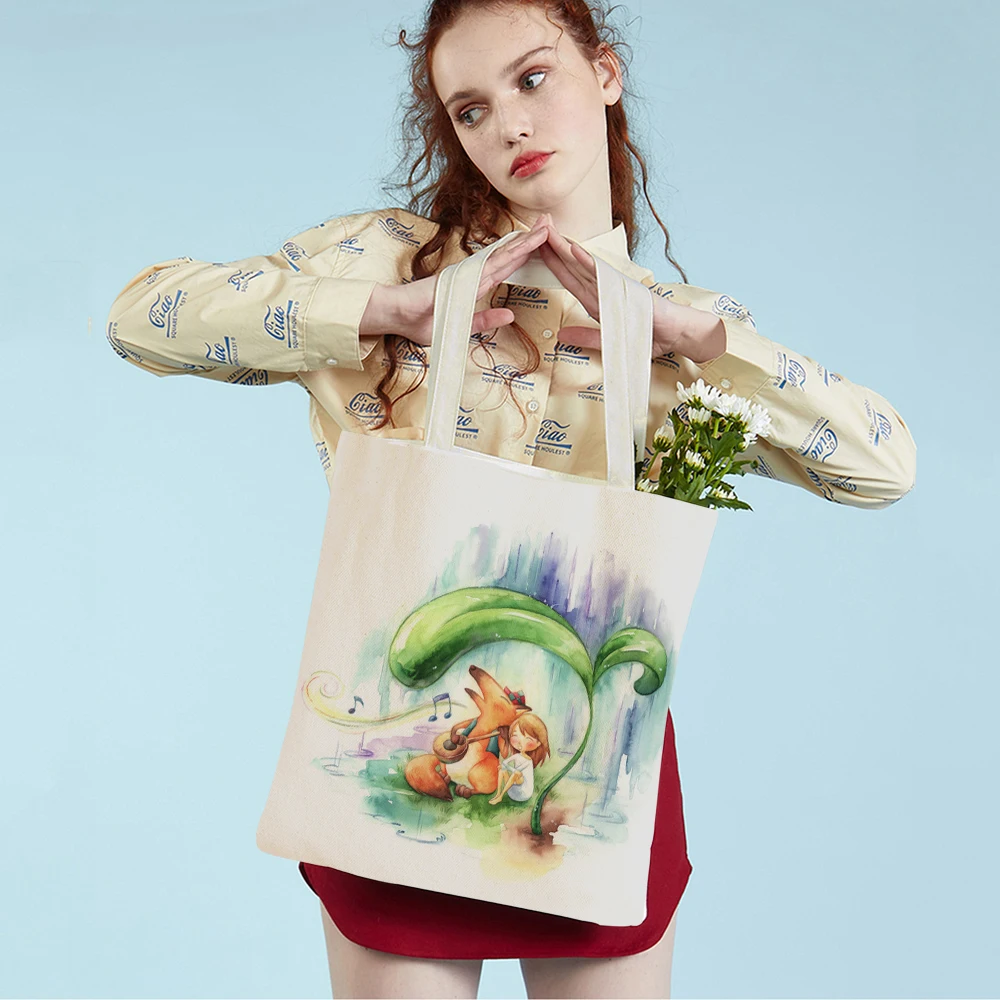 

Watercolor Fairy Tale World Elves Tote Handbag Casual Cartoon Flower Girl Print Both Sided Canvas Shopping Bag for Women