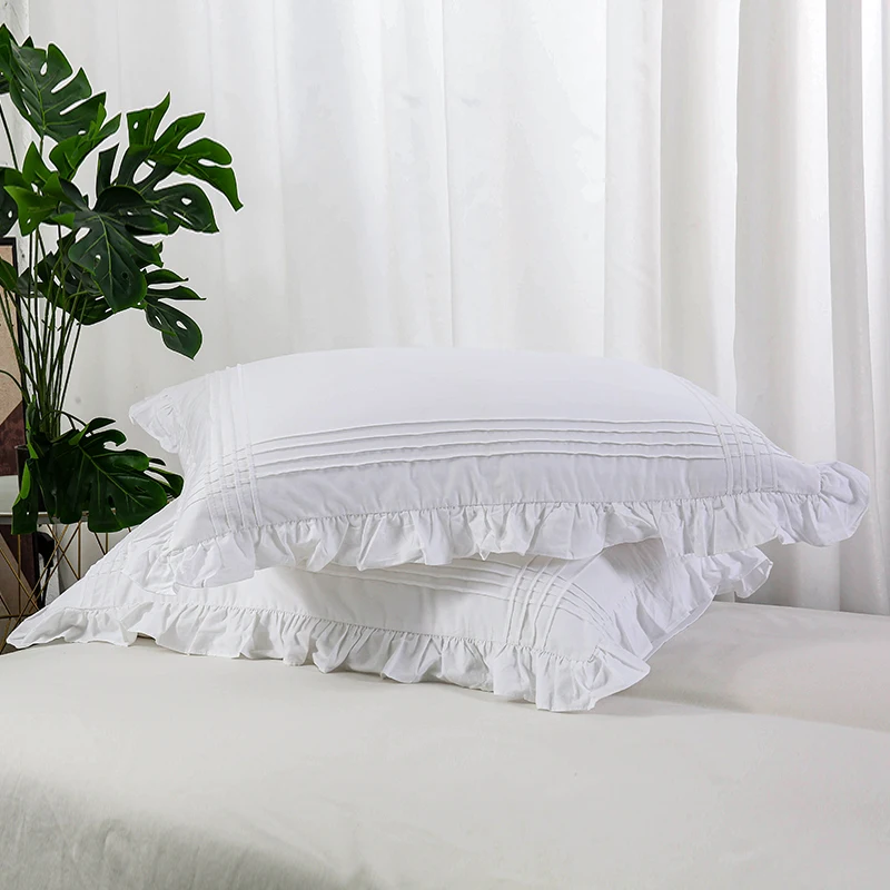 

Elegant White Pillow Sham Cover Edge Ruffled White Bedding Cotton Plain Pillowcases Set of 2 Pretty Vintage Lace Home Decoration
