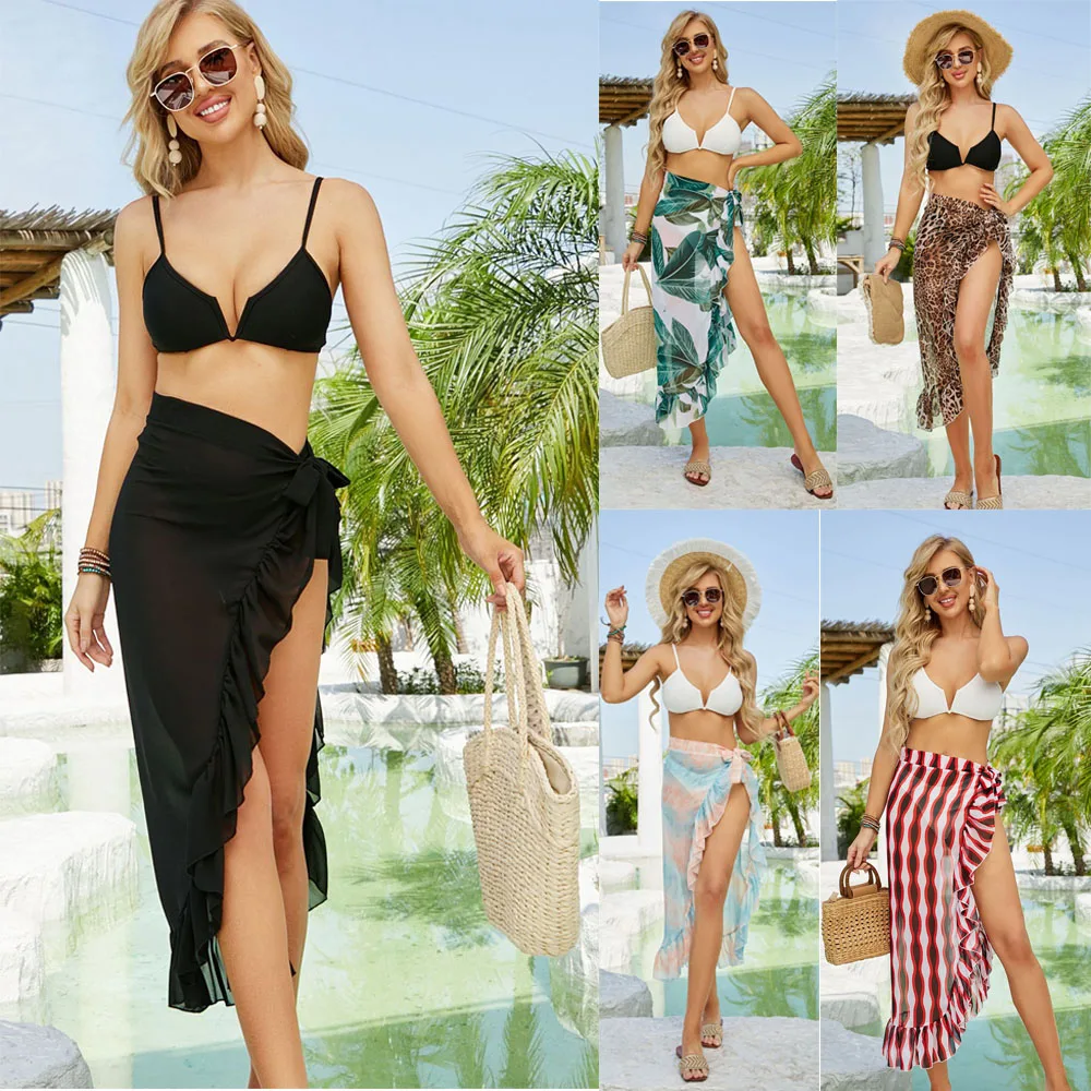 Summer Ruffle Swimsuit Coverups For Women Long&Short Sarong Beach Bikini Wrap Sheer Short Skirt Scarf For Swimwear