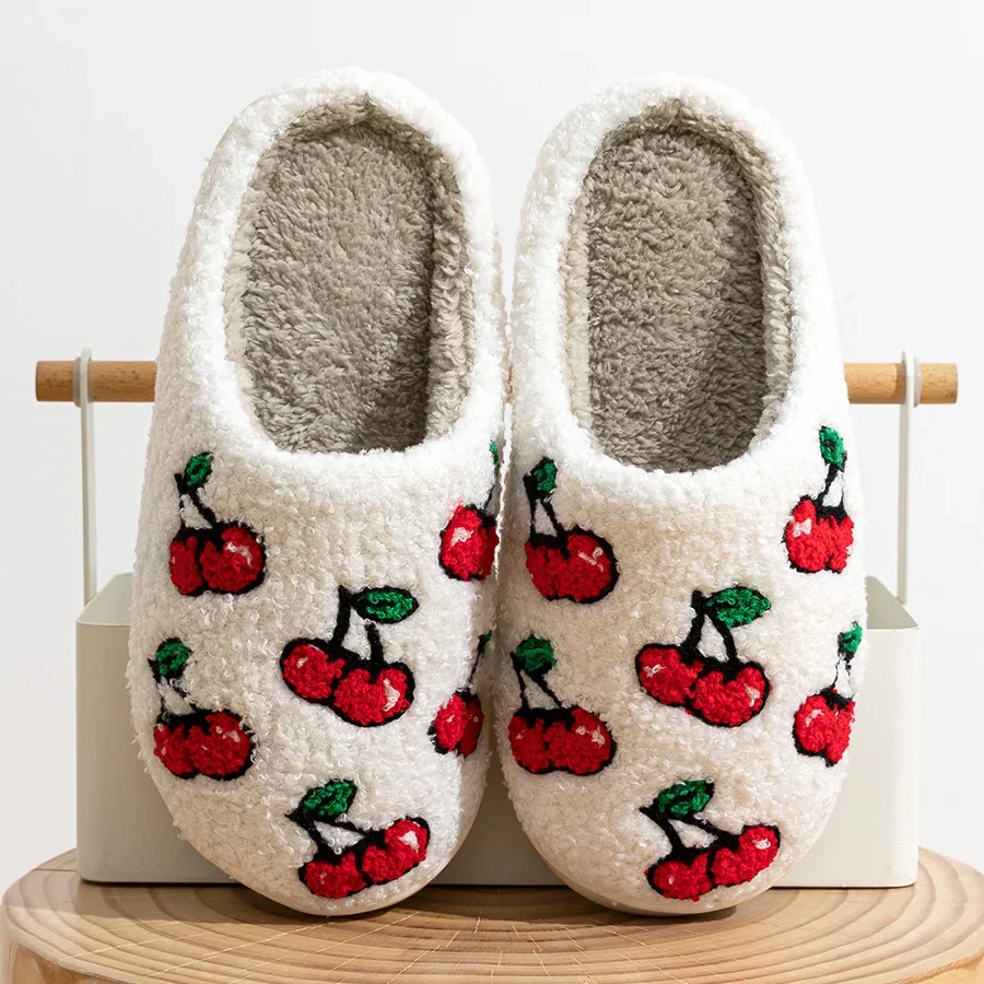 

Cute Little Cherry Slippers Women Fluffy Cherries Fur Plush House Shoes Female Bedroom Comfy Home Flat Slip-on Slides New