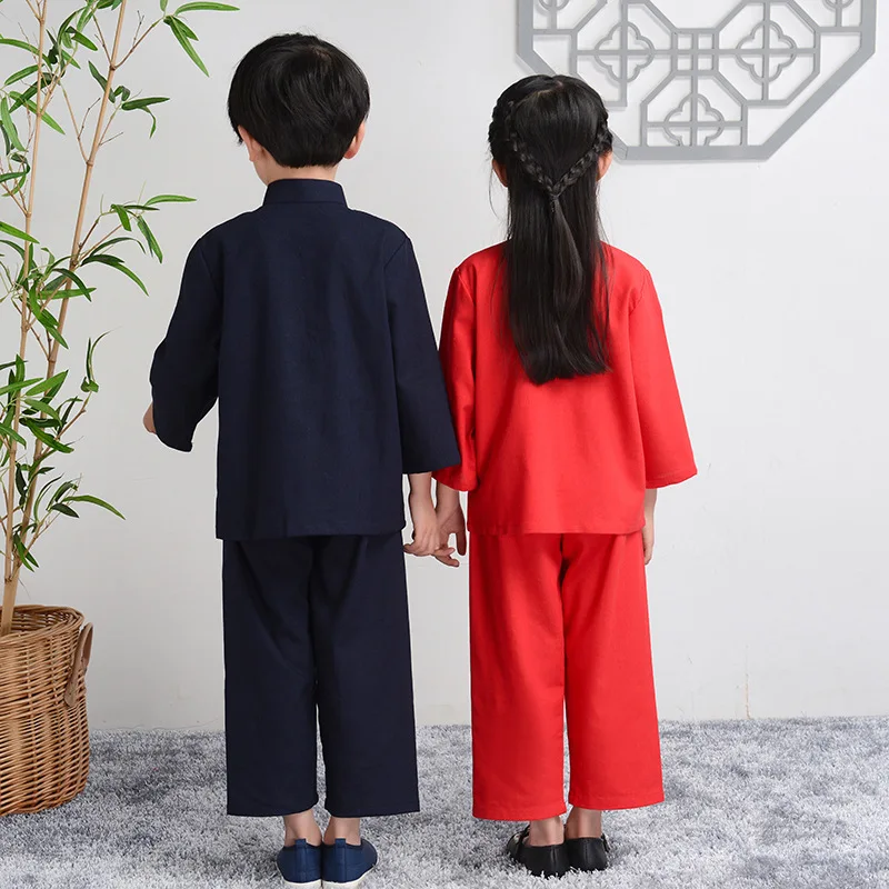 Men chinese style shirt Boy Cotton Line Tang Clothes Long Sleeve Hanfu Set Child Chinese Style Shirt&pants 2Pcs Outfit Embroider Dragon Kongfu Costume