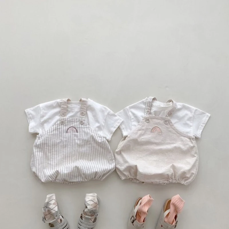 Summer Newborn Infant Baby Girls Boy Streak Romper Muslin Sleeveless Rainbow Rompers T-shirt Kids Onepiece Fashion Baby Clothing 2