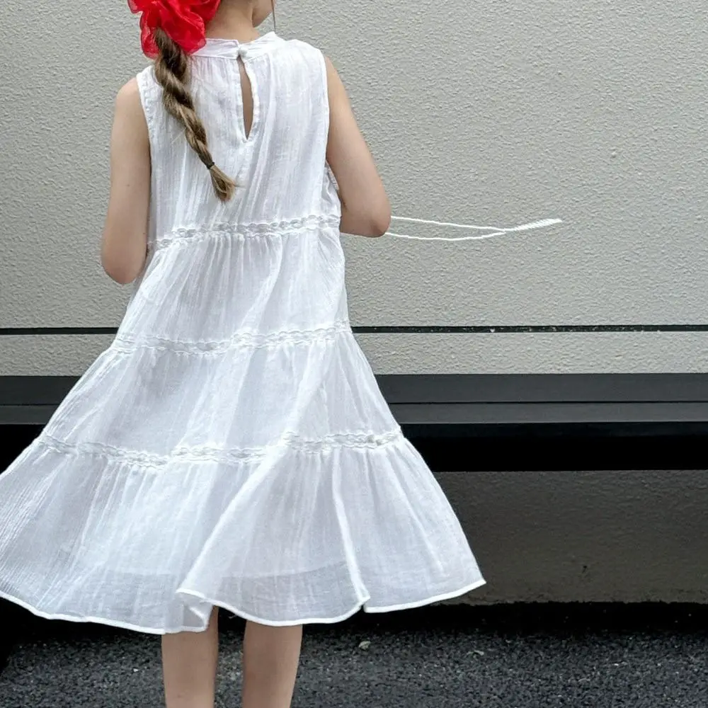 Elegant Ruffle Girls Princess Dress Loose Large Bow Summer Cake Dress Children Party Teens Long Dress Students