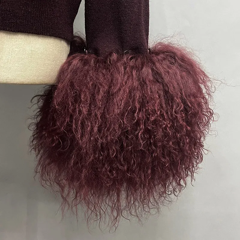 Women's Winter Sweater with Mongolian sheep Fur Cuff Lady Fashion High Collar Soft Warm 4