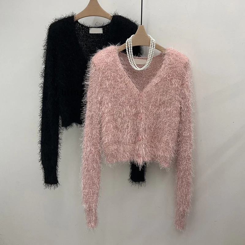 Dongda Gate Autumn 2024 Pure Color Long Sve Fluffy Knitted Cardigan Women's Top Trendy Commute Sle Slim Fit Korean Version