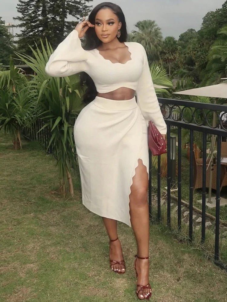 Wmstar Two Piece Set Women Wholesale Stock Cross Border 2025 Autumn New Style Fresh Flared Sleeve Slim Solid Color Slit Suit