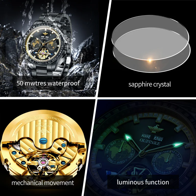 OUPINKE 3280 Hollow Skeleton Mechanical Men Watch Luxury Fashion Auto Date Watch For Men Deep Waterproof Business Man Wristwatch 6