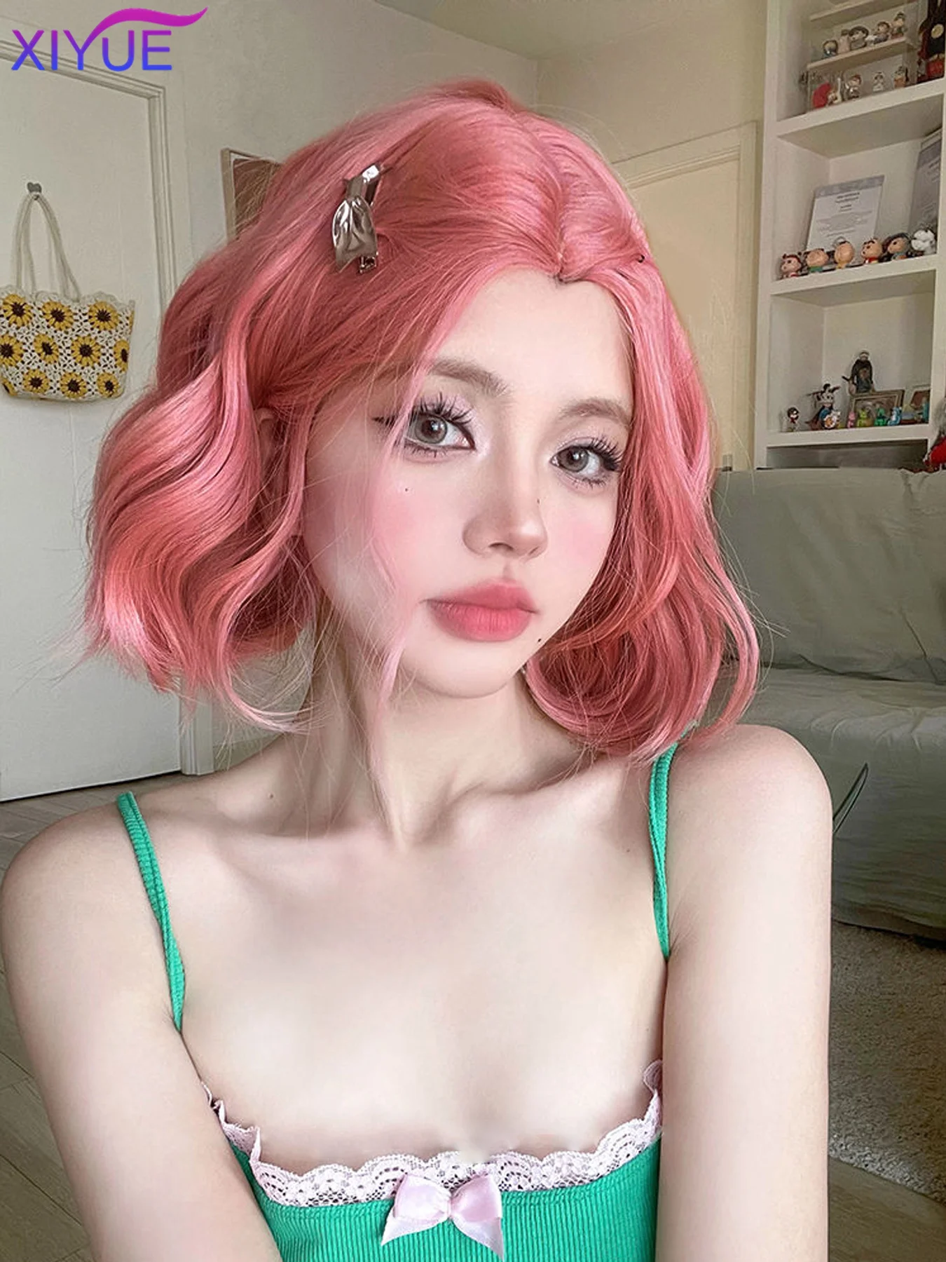 XIYUE Synthetic Pink BOBO Synthetic Wigs Short Natural Wave Hair Wig For Women Party Daily High Density Heat Resistant