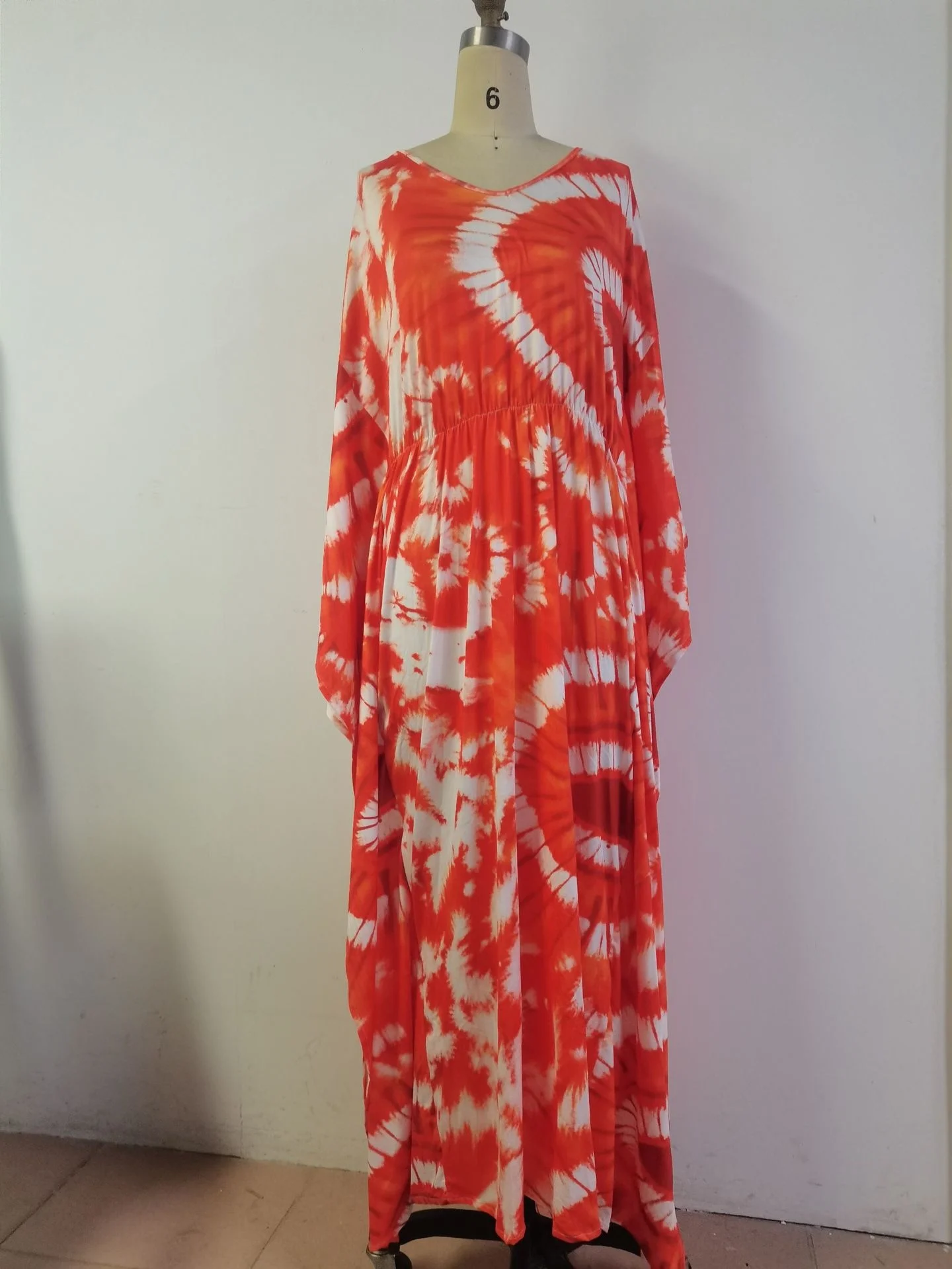 Summer African Women's Purple Orange Dress Half Sleeve V-Neck Polyester Long Dress African Print S-5XL