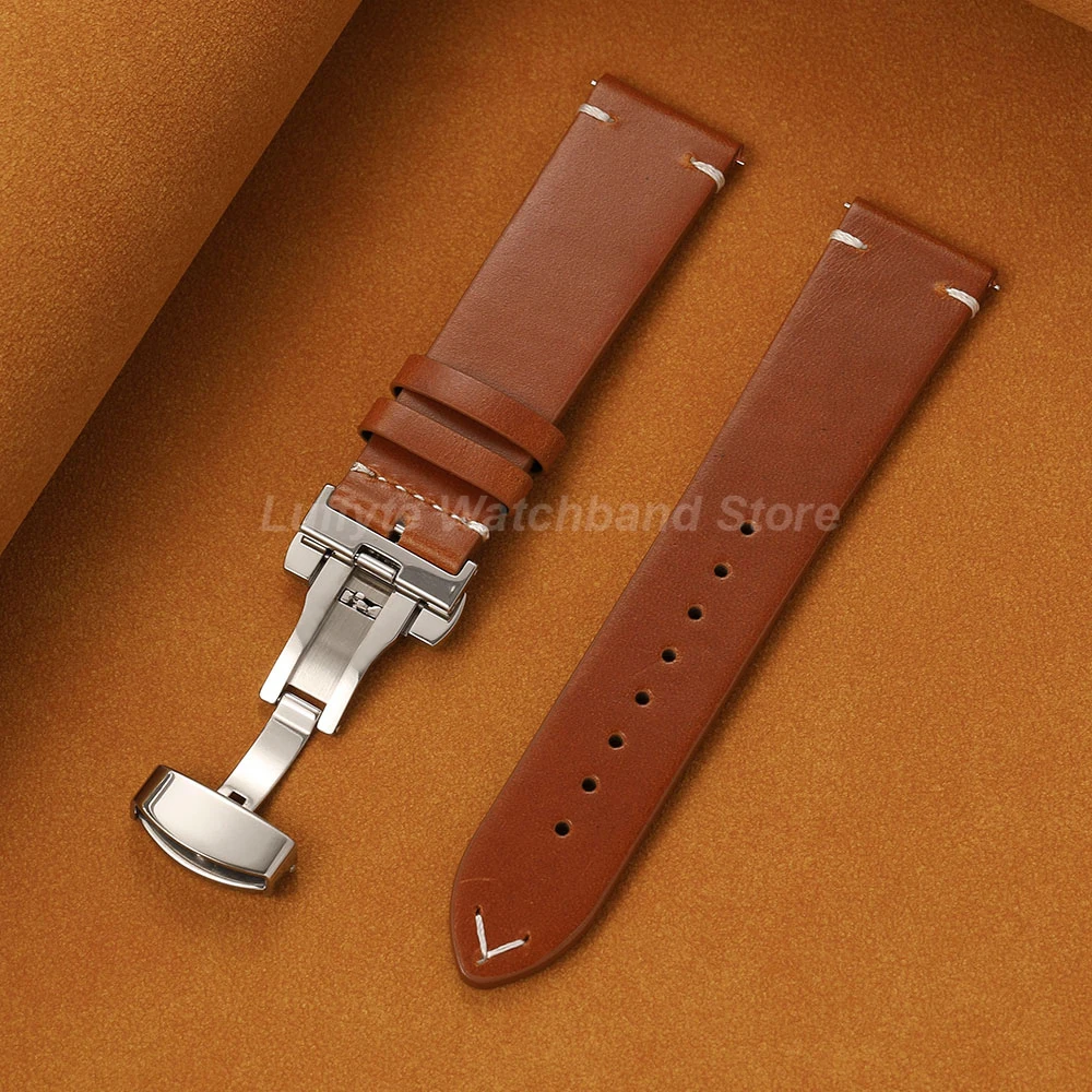 Men's Premium Oil Wax Leather Watch Band with Butterfly Buckle & Quick Release