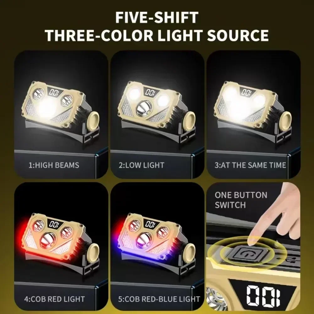 캠핑 낚시를 위한 파란색과 빨간색 빛을 가진 이마 손전등을 가진 USB 재충전용 LED 헤드램프 옥외 밤 헤드램프