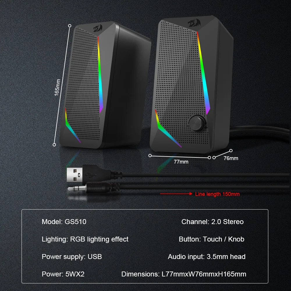 Computer Speakers REDRAGON Waltz GS510 3.5mm aux 2.0 stereo surround music RGB Gaming speakers sound bar for computer Desktop PC loudspeakers