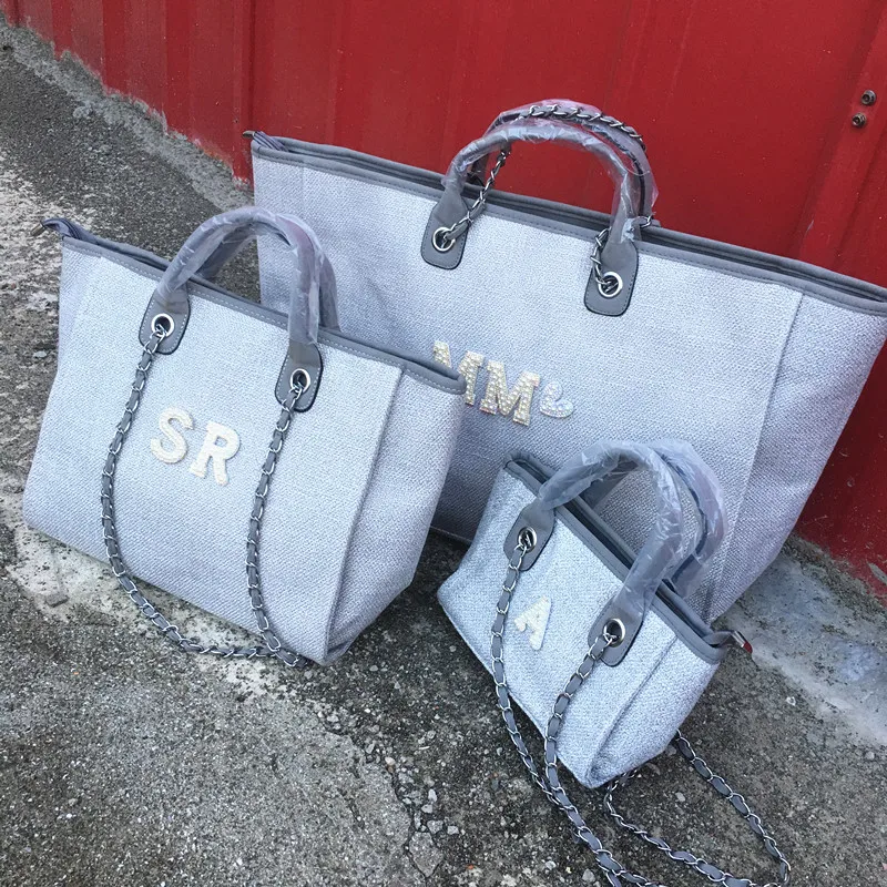 Large Luxury Grey Personalised Monogram Tote Bag, Canvas Chain Beach  Shopping Tote Bag, Personalized Weekend Hand Bag - AliExpress