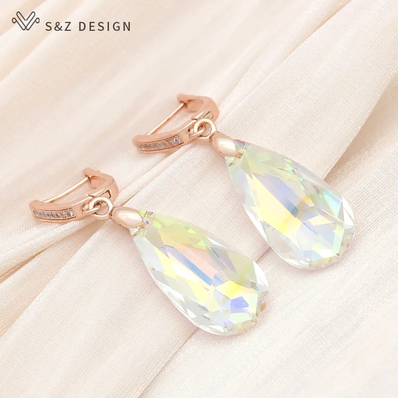 S&Z DESIGN New Fashion 585 Rose Gold Color Water Drop Crystal Dangle Earrings For Women Wedding Jewelry Cubic Zirconia Eardrop