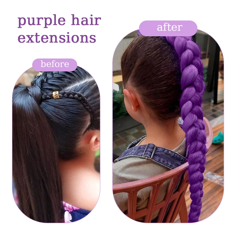 3Pcs 30inch Long Purple Hair Extensions Wig for Kids Braiding Pre Stretched Straight EZ Braids for Kids Chritmas Party Costume