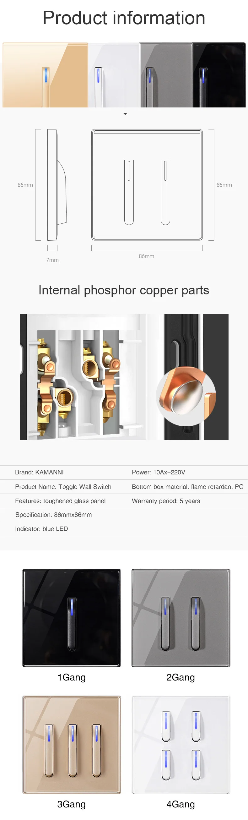 Wall-mounted tempered glass switch close-up