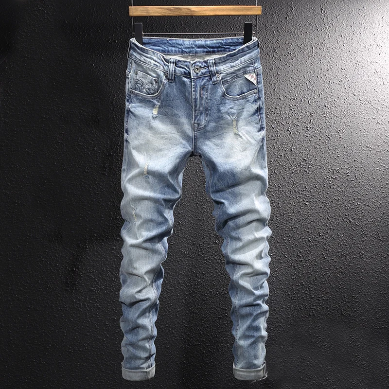 Fashion Designer Men Jeans Retro Light Blue Elastic Slim Fit Ripped Jeans Men Trousers Vintage Casual Stretch Denim Pants Hombre