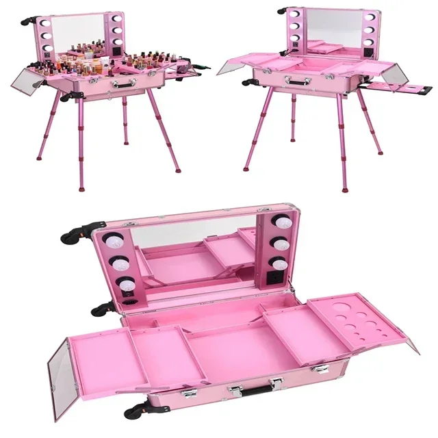 Black Table Beauty Case with Bulbs LED White Light Rolling Studio Makeup Artist Cosmetic Box with Light Leg Mirror Train