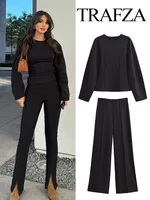 TRAFZA Femmes Nouvelle Mode Minceur 2-Pièce Ensemble Double-Face Tissu Tour Cou Manches Longues Haut + Élégant Stretch Casual Long Pantalon 2