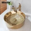 Monite Golden Plated Ceramic Round Bathroom Combine Faucet Set Lavatory Washbasin Sink Diamond Setting Mixer Faucet w/ Pop Drain 1