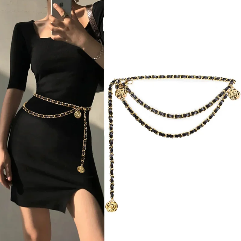 

Fashion Metal Chain Belts for Women Flower Pendant Jeans Suit Dress Waist Chain Female Luxury Brand Designer Accessories