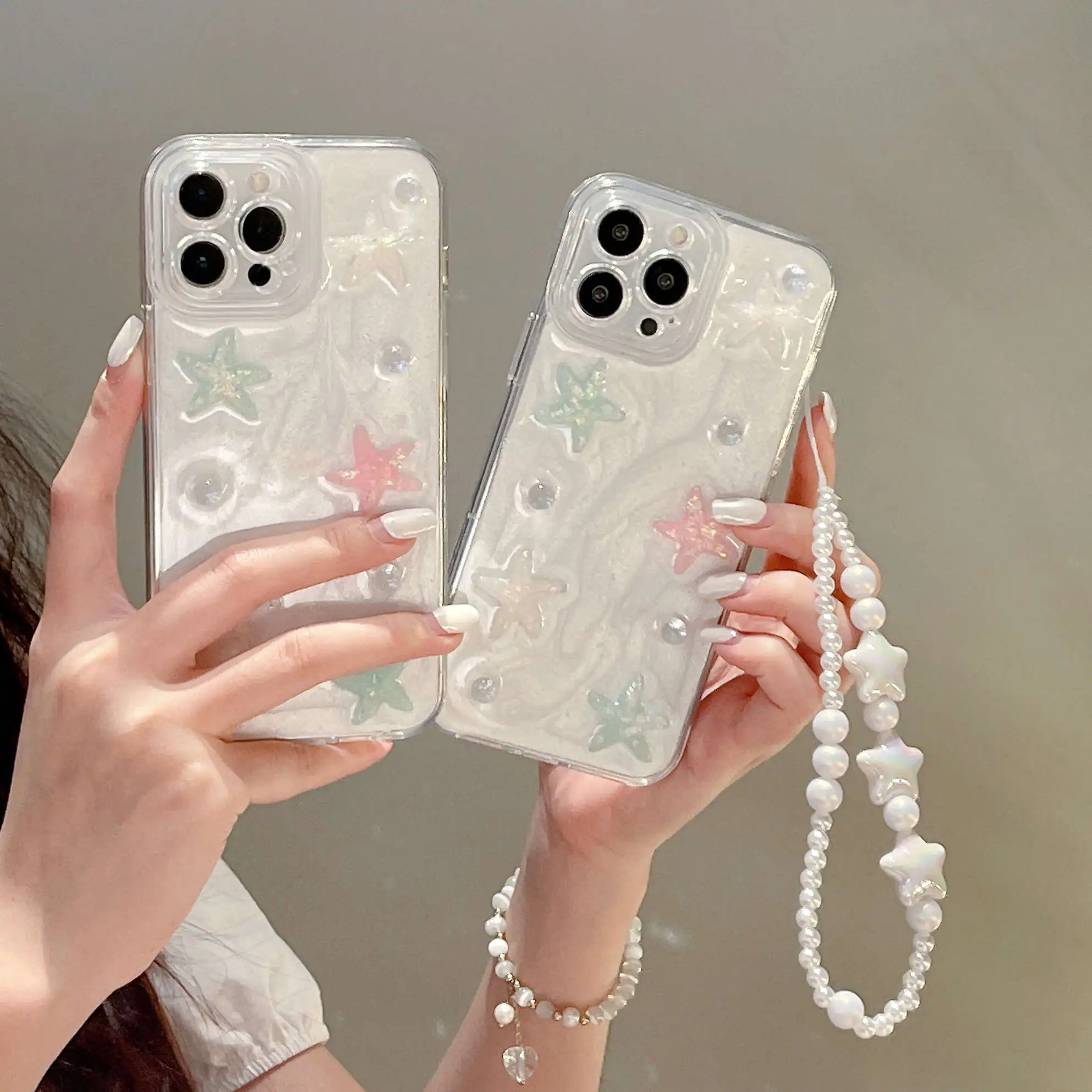 3D Cute Starfish Pearl Bracelet Phone Case For iPhone 15 14 13 12 11 Pro Max X XR XS Max Acrylic Back Soft Shockproof Cover