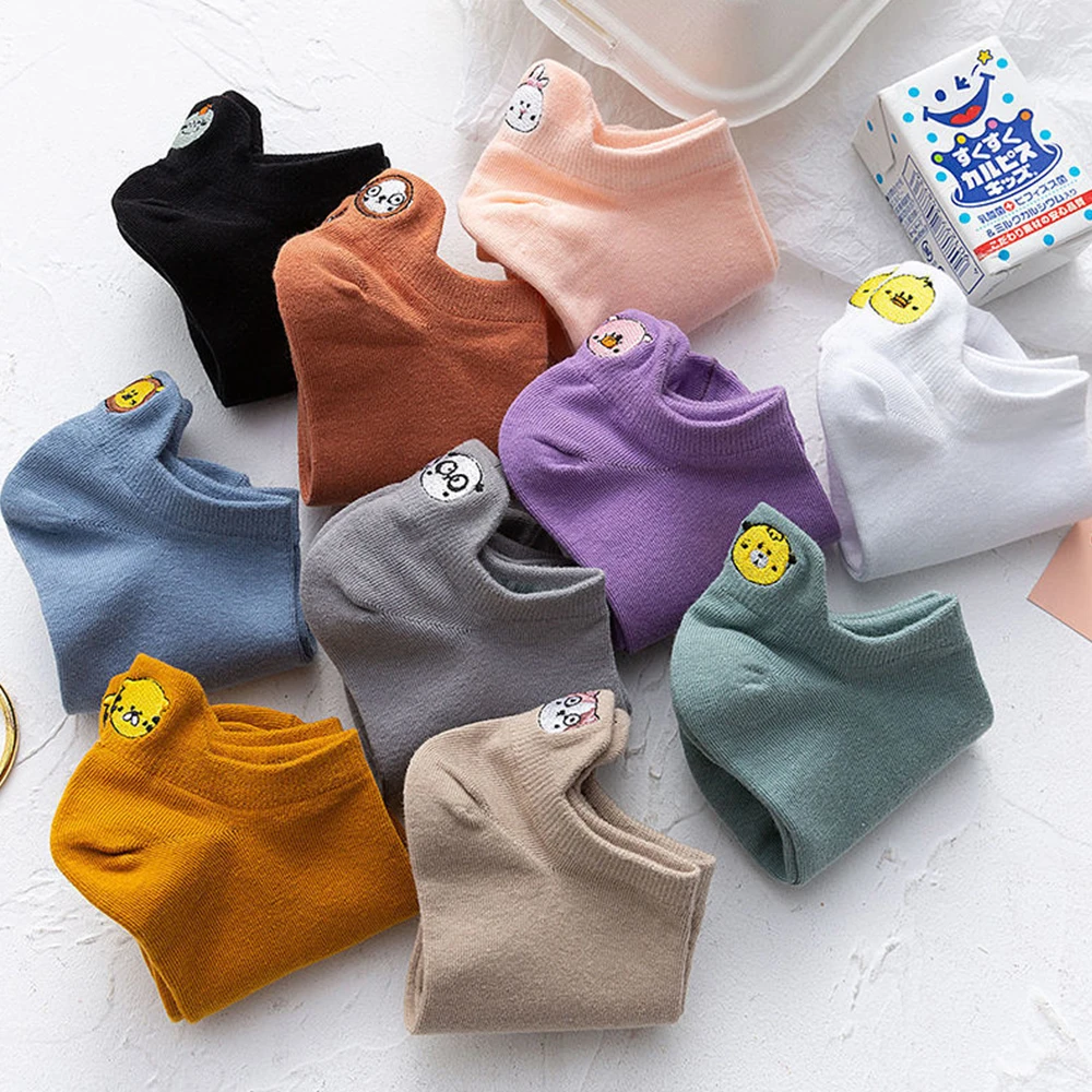 3Pairs Women Boat Sock Cotton Cute Cartoon Animal Embroidery Slippers Socks Solid Colors Cat Funny Ankle Socks Casual Socks Gift