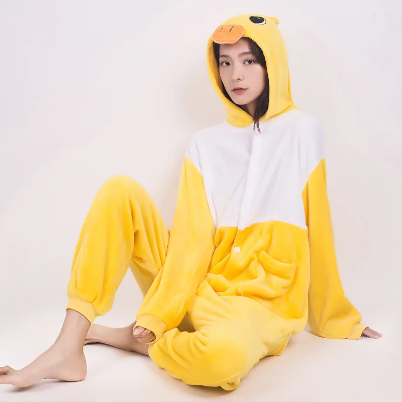 Yellow Duck Cartoon Onesies Winter Animal Pajamas Kigurumi Cosplay Anime Costumes Halloween Family Onepiece Fleece Sleepwear Set