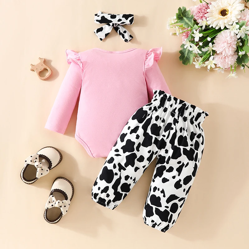 0-18 Months Newborn Baby Girl Clothes Outfits Cute Cow Letter Tops Long Sleeve Bodysuits Elastic Waist Trousers with Hairband